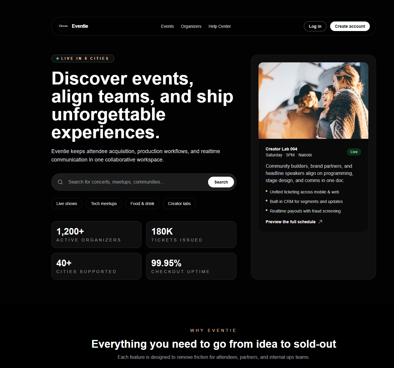 Event dashboards for organizers to manage ticket sales.